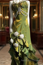 Vintage Sheath Irregular Ruffled Spaghetti Straps WomenS Green Birthday Party Dresses